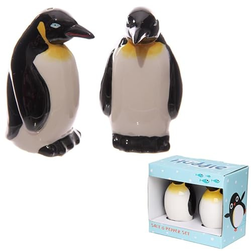 Puckator Huddle Penguin Ceramic Salt and Pepper Set - Refillable Salt & Pepper Spice Shaker Cruet Sets Pot UK - Black White Pink Kitchen Accessories Set - Dispenser Mill Mills