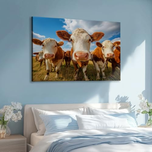 Großes Leinwandbild Wandbild Naturlandschaft Kuh Tier Bild auf Leinwand Wandkunst Modern Aesthetic XXL Kunstdruck Deko für Wohnzimmer Schlafzimmer Geschenk 140 x 70 cm