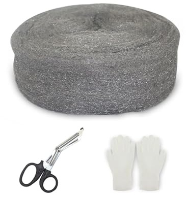 Paille de Fer 30M, Anti Rongeur Laine d'acier 0000 avec Gants, Ciseaux, Laine d'Acier Extra Fine pour Nettoyage Polissage Entretien et Finition du Bois, Verre
