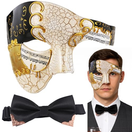 Skdqiee Maskerade Maske für Herren mit Fliege, Schwarz Goldene Venezianische Halbmaske aus Kunststoff, Vintage Party Kostüm Zubehör für Feste
