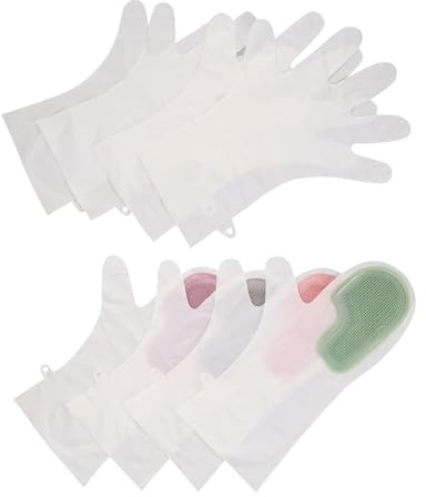 FIXOSHEE 4 Pares de Guantes de Silicona para Lavar Platos Impermeables Reutilizables, con Estropajos Integrados, Multicolor (rosa, Gris, Verde, Púrpura), para Limpieza Doméstica y Cocina
