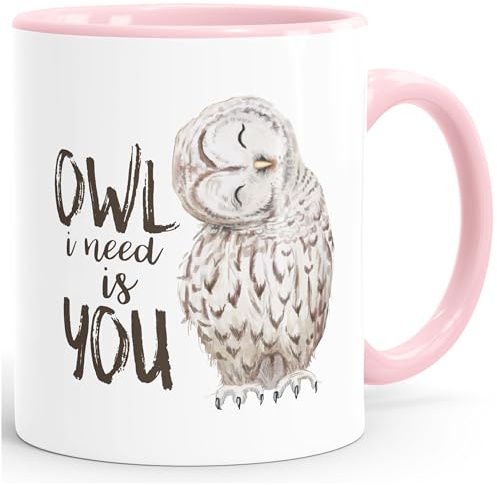 MoonWorks Kaffee-Tasse Eule Owl I need is you Liebe Spruch Geschenk Valentinstag Weihnachten Ehe Partnerschaft Rosa unisize