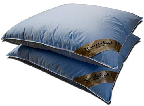 Meivita 2X Kopfkissen in blau mit 100% weißen Gänsefedern Klasse 1 – Federkissen-Set mit weißer Biese in 80x80 cm Made in Germany