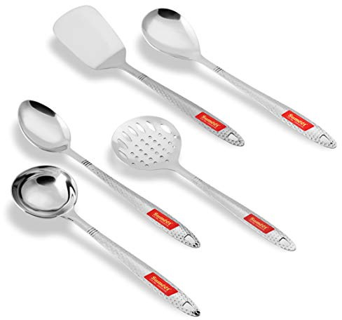 Sumeet Stainless Steel Big Serving and Cooking Spoon Set of 5pc (1 Turner, 1 Serving Spoon, 1 Skimmer, 1 Basting Spoon, 1 Ladle)