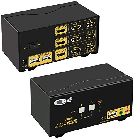 CKL Triple Monitor HDMI KVM Switch 2 Port mit Audio und USB 2.0 HUB, PC Monitor Tastatur Maus Switchcher Box verspiegelt oder erweitertes Display 4K @ 30Hz für Computer und Laptops CKL-923HUA