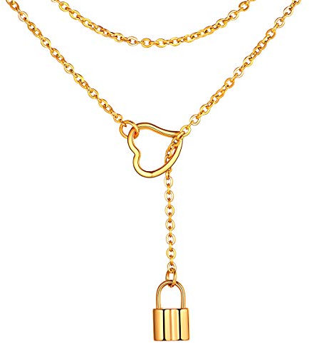 FOCALOOK Damen Collier 18k vergoldet Lariat Y-Halskette Herz Ring und Schloss Anhänger mit 80cm lang Rolokette verstellbar trendig Y-Kette goldener Mädchen Frauen Modeschmuck für Party Geburtstag