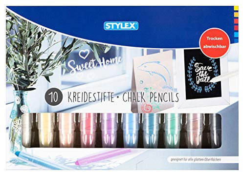 Stylex 28305 - 10 Kreidestifte zum dekorativen Bemalen und Gestalten von Glas und glatten Oberflächen, Farben wasserlöslich und trocken abwischbar, ideal für Fensterbilder