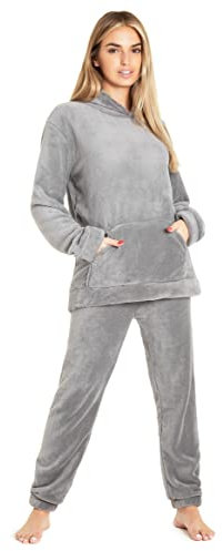 CityComfort Pyjamas Set for Women and Teens Fleece Hooded Long PJs Warm Loungewear Fluffy Nightwear Soft Cosy Sleepwear Gifts for Her (Light Charcoal, L)