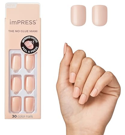 KISS imPRESS Lot de 30 faux ongles à presser sans colle, rose, taille courte, forme carrée, comprend 30 ongles, tampon de préparation, feuille d'instructions (français non garanti), 1 bâton de
