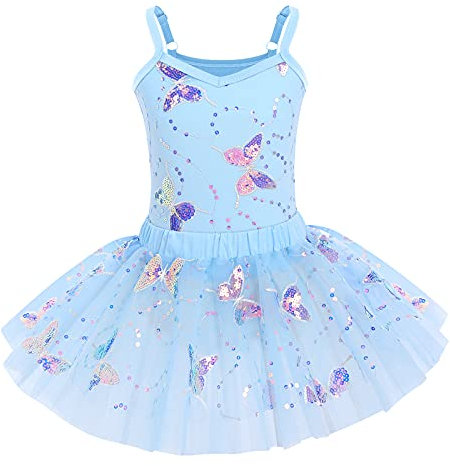 IWEMEK Mädchen Ballettkleid Ärmellos Pailletten Schmetterling Balletttrikot Ballettanzug Tanzkleid Tanzbody Top mit Tütü Rock Ballettrock 2tlg Kinder Ballettkleidung Gymnastik Blau 7-8 Years