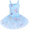 IWEMEK Mädchen Ballettkleid Ärmellos Pailletten Schmetterling Balletttrikot Ballettanzug Tanzkleid Tanzbody Top mit Tütü Rock Ballettrock 2tlg Kinder Ballettkleidung Gymnastik Blau 7-8 Years