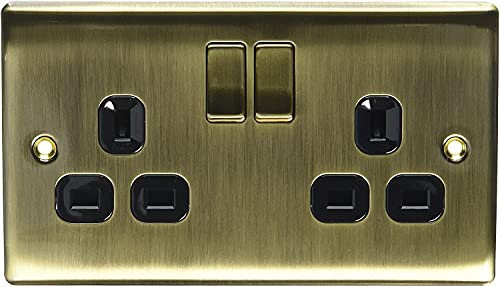 2 x Metal Antique Brass Double Plug Socket Switch - Antique Brass Black