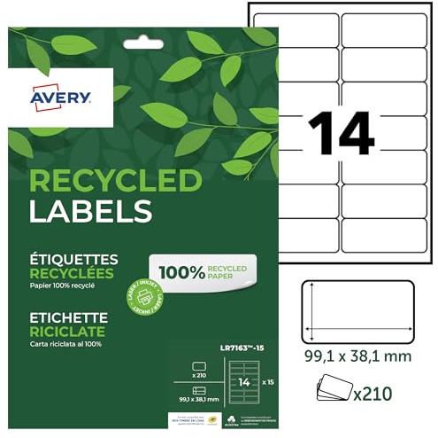AVERY - 210 Étiquettes Autocollantes Blanches Personnalisables - 100% Recyclées - Format 99,1 x 38,1 mm - Impression Laser et Jet d'Encre