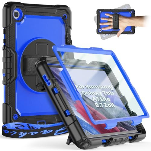 Timecity Hülle für Samsung Galaxy Tab A7 Lite 8,7 SM-T220 / T225 Stoßfeste Schutzhülle mit Drehbarer-Ständer Stifthalter Displayschutz Handschlaufe Schultergurt Kinder Outdoor Tablet -Dunkelblau