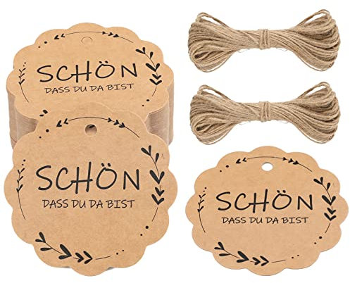 G2PLUS SCHÖN DASS DU DA BIST Geschenkanhänger, 6CM Hochzeit Anhänger für Gastgeschenke, Braun und Schwarz Kraftpapier Etiketten Anhänger mit Jute-Schnur für Kleine Gastgeschenke zur Hochzeit