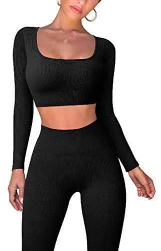 OQQ Workout-Outfits für Damen, 2-teilig, gerippt, langärmelig, Top, hohe Taille, Leggings, aktives Yoga-Set, Schwarz, M