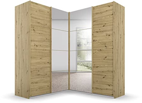 Rauch Möbel Quadra Schrank Eckschrank Schwebetürenschrank, Eiche Artisan, Holz, 4-trg. mit Spiegel, inkl. 2 Kleiderstangen, 12 Einlegeböden, 3 Schubladen, BxHxT 181x210x187 cm