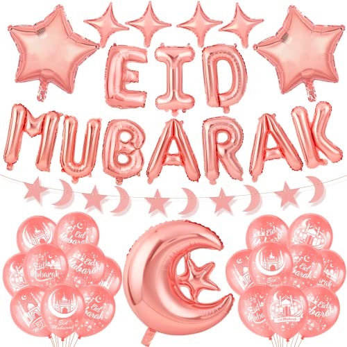 HOWAF Eid Mubarak Dekoration, Eid Mubarak Ballon Eid Mubarak Luftballon Eid Mubarak Banner Eid Mubarak Girlande Mond Sterne Folienballon Ramadan Ballon für Ramadan Mubarak Eid Dekoration, Rose Gold