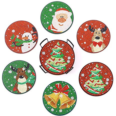 Diamond Painting Untersetzer mit Halter 8 Stück, WOWDECOR DIY Bunte Weihnachten Tischuntersetzer Glasuntersetzer 5D Diamant Painting Coaster für Gläser Tassen Auto Mosaik (Santa Claus)
