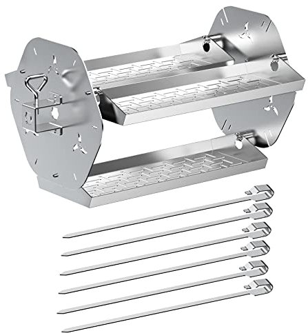 Skyflame Rotisserie Trays with Shish-Kebab Skewer Set, 2 in 1 Stainless Steel BBQ Rotisserie Kit Including Rotating Basket and Skewers, Fits for 3/8 & 5/16 Square, 1/2 & 3/8 Hexagon Spit Rods