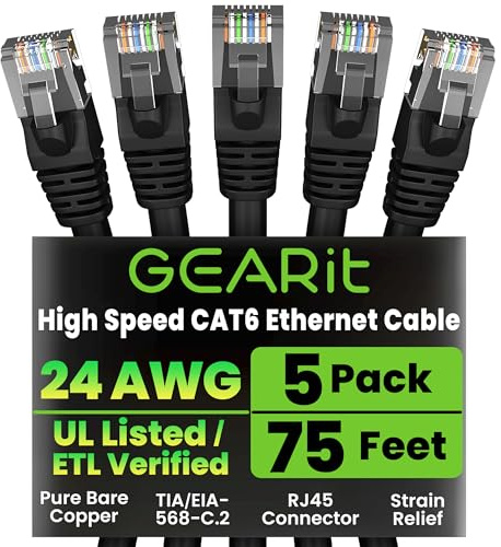 GEARit Cat6 Patch Cables 75 ft Black (5 Pack) Cat 6 Patch Cables 75ft Black/Ethernet Patch Cable, 10Gbps 550MHz 24AWG Pure Copper, Snagless, Gold Plated RJ45 for Router, Server, Router, PC