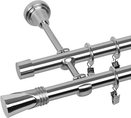 RENA Gardinenstange Vorhangstange 2-läufig - 19 mm - aus Metall - Lautlose Rollen - Komplettset - Edestahl Optik 220cm Duncan
