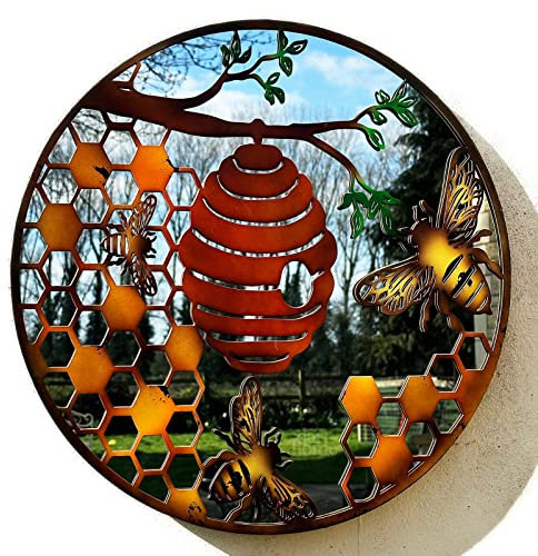 Honeycomb Beehive Mirrored Wall Art 60cm Metal Colour Round Garden Mirror Decor