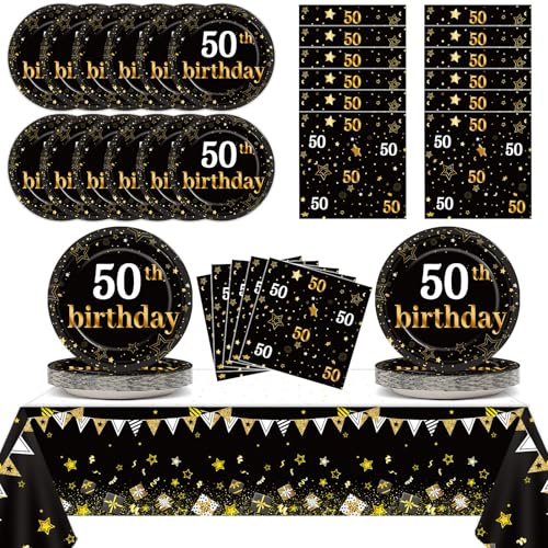 50th Birthday Party Supplies Serves 24 Black and Gold 50 Years Old Party Paper Plates Napkins Cheers to 50 Years Tablecloth Set Tableware Kit for Man Retirement Graduation