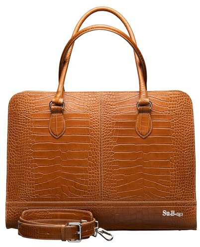 Su.B Laptoptasche 13 Zoll und 14 Zoll für Damen, Umhängetasche aus Kroko-Print Leder mit Schulterriemen und Kofferband, Hergestellt in Italien - Braun