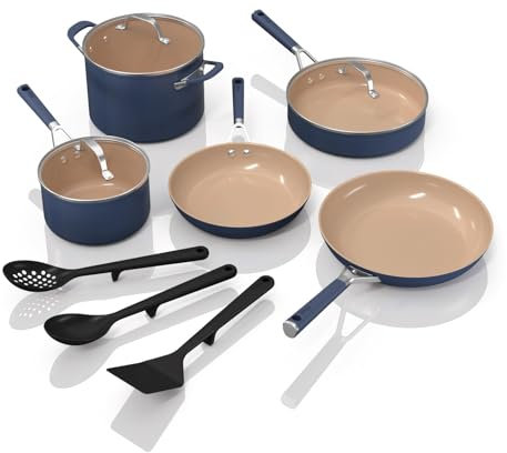 Ninja Ceramic Cookware Set, Extended Life 11-Piece Kitchen Cookware Sets with Comfort Grip, Nonstick Fry Pans, Pots, PTFE Free, Oven & Dishwasher Safe, Stovetop Compatible, Navy Blue, CW49011