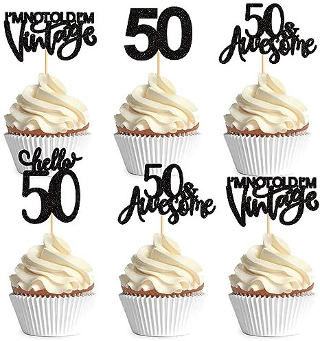 Blumomon 24 Pack 50th Happy Birthday Cupcake Toppers Black Glitter 50th Birthday Cupcake Toppers Cake Decoration for Birthday Party Decoration Supplies Anniversary Cake Topper