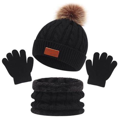 SKHAOVS 3 Piezas Negro Conjunto de Abrigo de Invierno para Niños Gorro Bufanda y Guantes Gorro de Punto para Niños Gorro Pompón Traje de Abrigo 3 en 1 para Niños Niñas 1-5 Años(Negro)