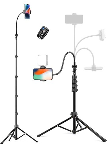 Trípode para teléfono, trípode de 86 pulgadas de alto para iPhone con cuello de cisne flexible y control remoto, soporte de trípode portátil para teléfono celular, trípode de viaje de aluminio para