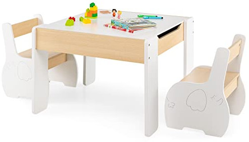 COSTWAY Kids Table and Chair Set, Wooden Children Study Desk with 2 Chairs, Reversible Blackboard Tabletop & Hidden Storage, 3PCS Toddler Activity Furniture for Learning, Drawing, Dining (White)