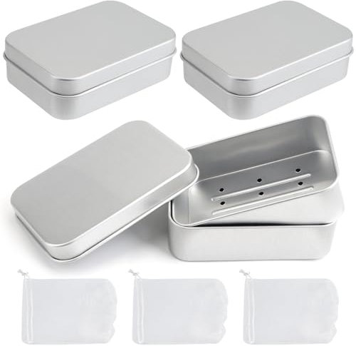Jabonera de Aluminio 3Pcs Jaboneras de Viaje con Rejilla de Desagüe y Tapa, Caja de Jabón Metalica para Champu Solido, Jabonera Hermetica Portatil Multifuncional + 3 Bolsas de Jabón para Espumar