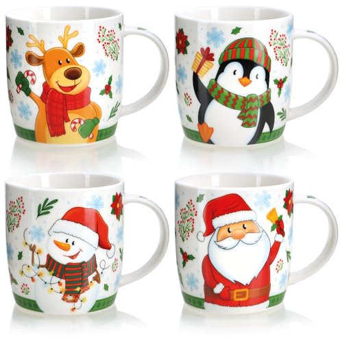 com-four® 4X Tasses à café en céramique - Tasse à café au Design de Noël - cafetière pour Boissons Froides et Chaudes - Tasses à Anse colorées pour l'Avent 350 ML (Noël - 350ml)
