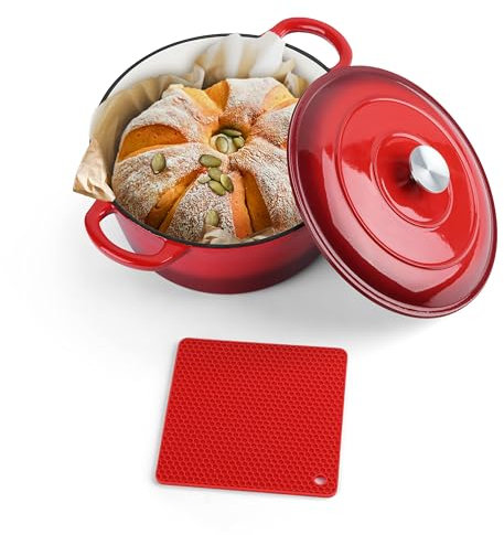 Herogo 6 Quart Enameled Cast Iron Dutch Oven with Lid and Silicone Trivet Mat, Round Dutch Oven Pot Red with Dual Handles for Bread Baking Stewing Roasting Various Stoves & Oven Safe