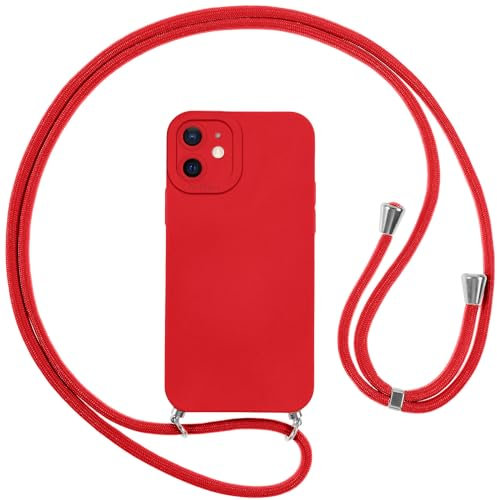 Vauki Coque pour iPhone 12 avec Cordon, Etui avec Collier - Tour de Cou Lanière en Corde - Silicone Housse avec Réglable Chaine pour iPhone 12, Bandouliere - Rouge