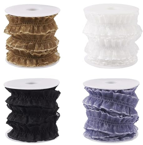 Beadthoven 20 Meter doppelt gerüschte Spitzenborte, Organza, dehnbar, elastisches Spitzenband, Stoff-Rand, 20 mm breit, für Heimwerker, Nähen, Handwerk, Brautschmuck, Hochzeit, Kleidungsdekoration