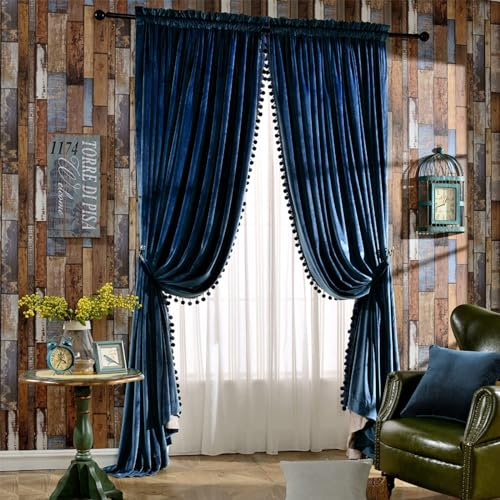 Melodieux Pom Poms Velvet Blackout Curtains for Bedroom Living Room, Vintage Luxury Thermal Insulated Rod Pocket Lined Drapes, 52 W x 84 L, Royal Blue (2 Panels)