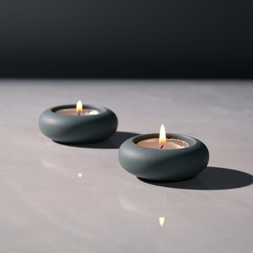ICNBUYS Handgefertigter dekorativer Kieselstein-Teelichthalter, 2er-Set, handgefertigt, Heimdekoration, Akzent zur Beruhigung von erdigem, ästhetischem Zement, Graublau, Durchmesser 6,6 cm