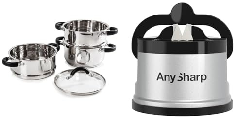 Tower T80836 Essentials Induction Steamer Pans 3 Tier with Glass Lid, Silicone Handles & AnySharp Knife Sharpener, Hands-Free Safety, PowerGrip Suction, Safely Sharpens All Kitchen Knives