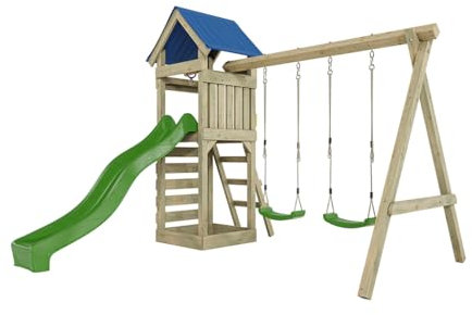 Outgarden Spielturm Klettergerüst Easy aus KDI-Holz | Spielhaus mit grüner Rutsche & Doppel-Schaukel | Sandkasten, Leiter & Kletterwand | Outdoor Stelzenhaus für Kinder und Garten | 327 x 327 x 258 cm
