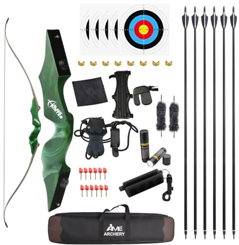 60 Schwarzer Jäger Original Recurve Bogen Set Amerikanischer Jagd-Langbogen Bogenschießen Holzbogen 20-60lbs Rechts/Linkshänder für Bogenschießen Jagd Schießen Praxis (Linke Hand Set grün, 20Ibs)