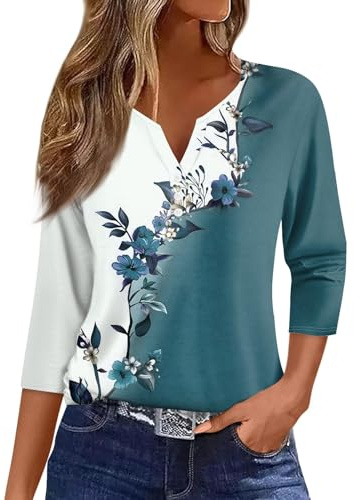 HSUAYEUD Womens 3/4 Length Sleeve Tops UK Button Down Summer Tops V Neck T Shirts Blouses Casual Print Tunics Graphic Tees