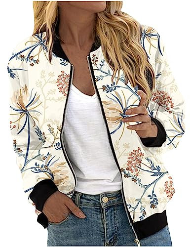 Women's Bomber Jacket Clearance Zip Up Baseball Jacket Lightweight Flight Jackets Open Front Bomber Jackets Round Neck Long Sleeve Pullover Ladies Casual Solid Color Coat Shirts with Pockets UK Size