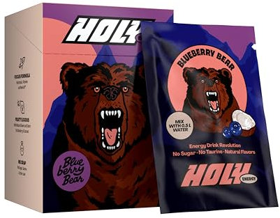 HOLY Energy Focus Booster 10er Probier-Box 'Blueberry Bear' mit Blaubeere & Kokos Geschmack Pulver | 10 Portionen mit NewCaff & Grüntee Extrakt | Focus Drink | Vegan mit 100% natürlichen Fruchtaromen