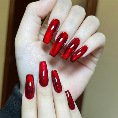 24PCS Long Coffin Press on Nails - Schimmer Rot Lang Ballerina künstliche Nägel Zum Aufkleben Full Cover Fake nails - Acryl Künstliche Fingernägel für Frauen & Mädchen (Red Cat Eye Design)