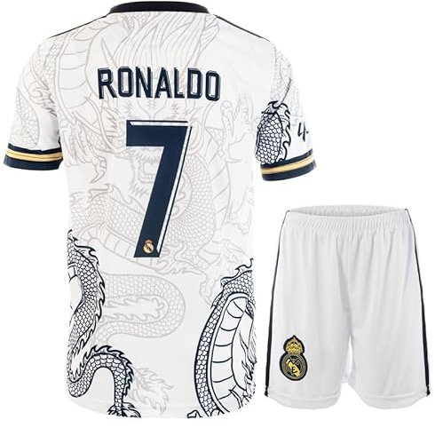 Mikalay Madrid #7 Retro Weißer Drache Limitierte Sonderedition Seltenes Fußball Kinder Trikot Shorts Set Jugendgrößen (Weiß,152.)