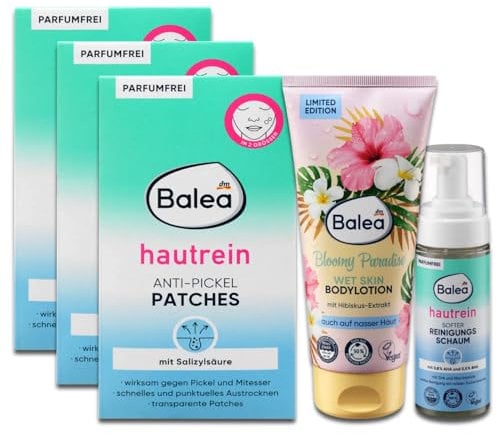 Balea 5er Set: Reinigungsschaum hautrein, 150 ml besonders für das Gesicht geeignet - Anti-Pickel Patches 3 x 36 St Hauttyp: Unrein + 1 x Bodylotion